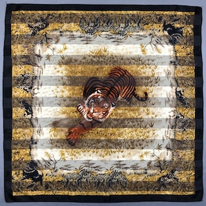 Vintage Tiger Silk Neck Scarf, Vintage Tiger Motif Silk Stole Scarf, Vintage 80s Silk Muffler Shawl, Vintage Classic Silky Square Scarves