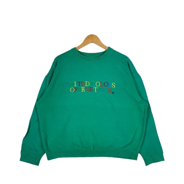 Vintage United Color Benetton Sweatshirt 1990s Benetton Multi Color Embroidery Logo Sweater Large Green Jumper Pullover Size L