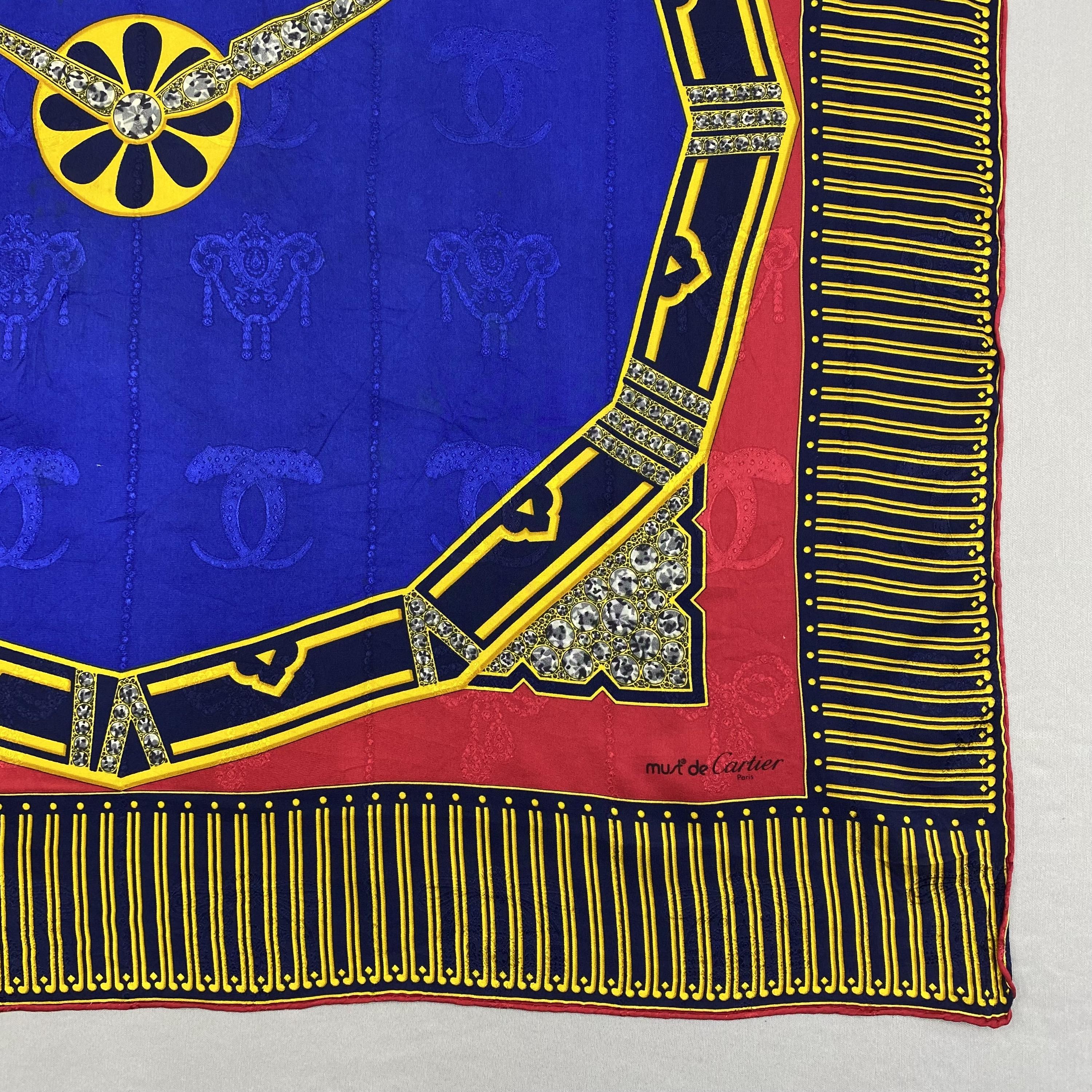 Vintage Must De Cartier Silk Scarf, Handrolled Square Scarf, Clock