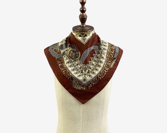 Vintage Baroque Silk Scarf, Brown Medallion Filigree Twill Silky Scarves, Classical Pattern Block Muffler Neck Accessories Scarves