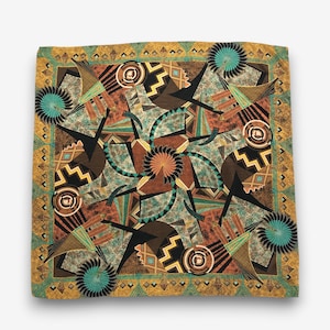 May include: A square scarf featuring a complex geometric pattern in shades of brown, black, gold, and teal. The design includes repeating abstract shapes, circular motifs, and a decorative border with a repeating diamond and line pattern.