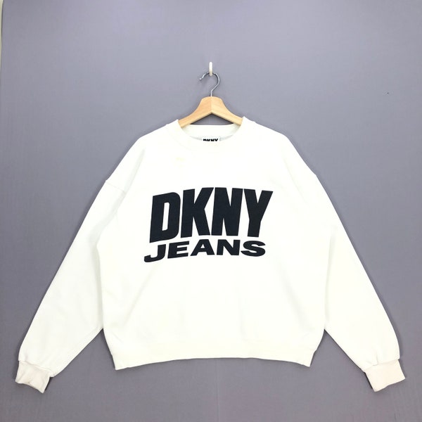 Vintage DKNY USA Jeans Sweatshirt  90's Large Donna Karan New York Big Logo Script Sweater Womens Jumper Mens Casual Pullover White Size L