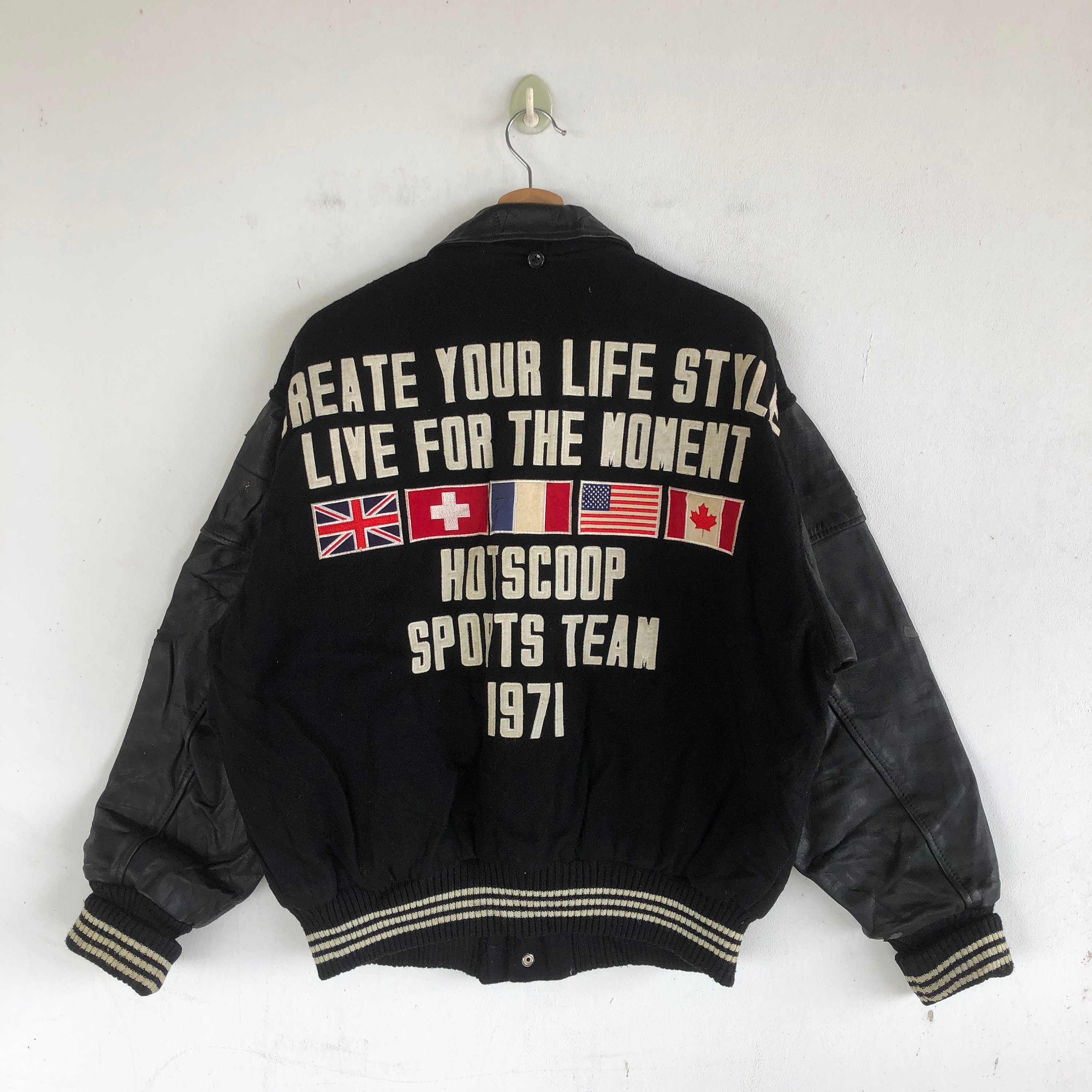 80s usa製 Nemesis wool blouson BLK MAXWEAR Leather Jacket Mens 38R Black Green Trim Full Zip