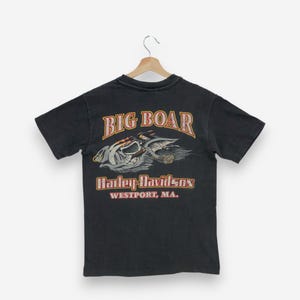 Vintage Harley Davidson T-Shirt 90s Harley Davidson Big Boar Motorcycle Racing Tee Small Flame Westport MA 90s Biker Shirt Black Size S