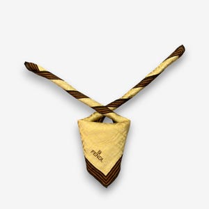Può includere: Una sciarpa in seta beige e marrone con il logo Fendi. La sciarpa ha una forma quadrata con bordi a righe marroni e beige e un centro beige. La sciarpa è piegata a triangolo con le estremità incrociate.