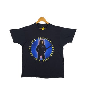 Vintage Joe Satriani T-Shirt Tour 1990 American Instrumental Rock Guitarist Crewneck Tee Large Size Blue Black Color