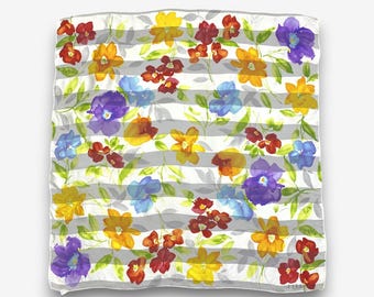 Vintage Elle Silk Scarf, Colorful Striped Flower Twill Scarves, Watercolor Floral Pattern Muffler, Cottagecore Neck Accessories Scarves