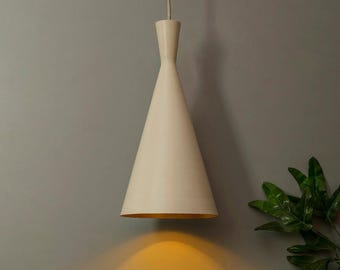 Luminária pendente cônica branca minimalista moderna – Luminária de teto suspensa contemporânea para salas de jantar e estar.