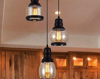 Lampa wisząca w stylu industrialnym, żyrandol z 3 punktami świetlnymi, lampa wisząca z bursztynowego szkła, nowoczesna oprawa sufitowa w stylu rustykalnym, oświetlenie wyspy kuchennej