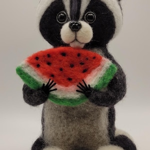 Handmade Needle Felted Raccoon with Watermelon, Wool Raccoon Toy, Cute Felt Animal, Merino Wool, Raccoon Gift, Birthday Gift, Woodland Decor
