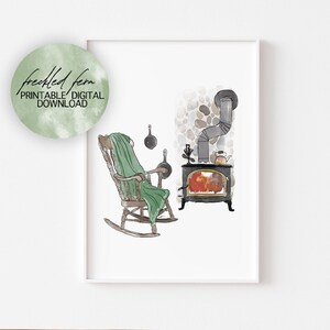 Woodstove Cabin Rocking Chair Printable Watercolour/Watercolor Wall Art For Modern Farmhouse Homestead Kitchen DIGITAL DOWNLOAD
