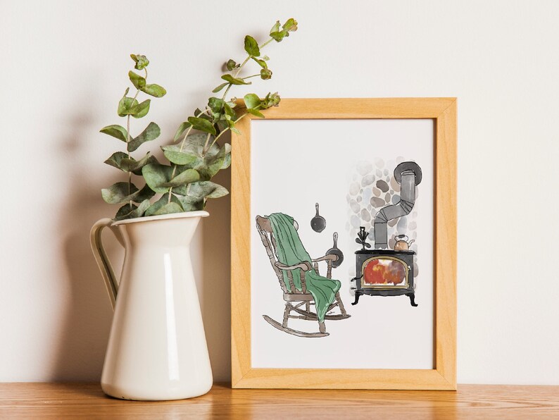 Woodstove Cabin Rocking Chair Printable Watercolour Watercolor Etsy 