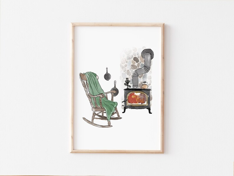 Woodstove Cabin Rocking Chair Printable Watercolour Watercolor Etsy 