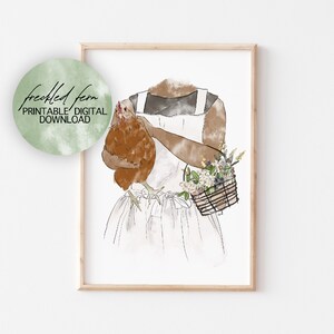 Homestead Woman With Chicken, Eggs & Flowers Watercolour/Watercolor Wall Art For Farmhouse Homestead DIGITAL DOWNLOAD