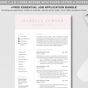 May include: A light pink resume template with a cover letter and references, plus a free job application bundle. The resume has black text and sections for contact details, skills, and professional experience. A laptop and mouse are visible.