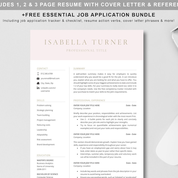 Professional Resume Template for Word | Cover Letter + References Template | 1, 2 & 3 Page Resume CV Template | Modern CV | Instant Download