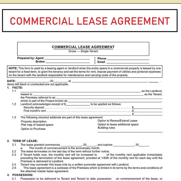 Commercial lease agreement - Commercial Property Lease contract - PDF File - Instant download