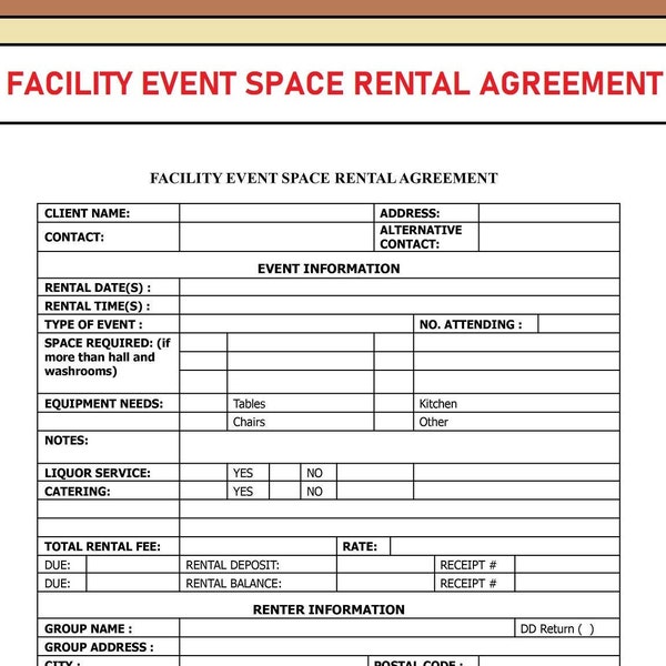 Facility Event Space Rental Agreement - Venue Rental Contract - Event Space Rental Contract - PDF and Word File for Instant download