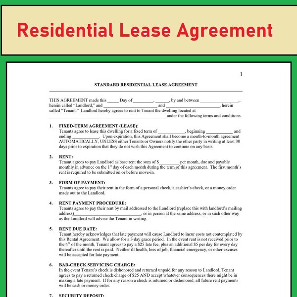 Residential Lease agreement - Rental Lease agreement template - Editable PDF files