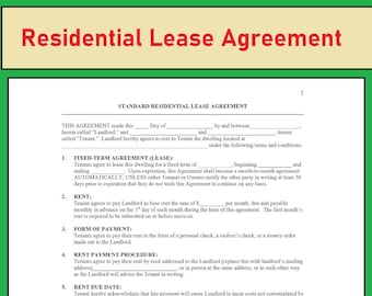 Residential Lease agreement - Rental Lease agreement template - Editable PDF files
