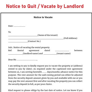 Notice to Vacate - Eviction Notice -Notice to Quit by landlord - Notice to Vacate by tenant - PDF and Word  Files - Instant Download