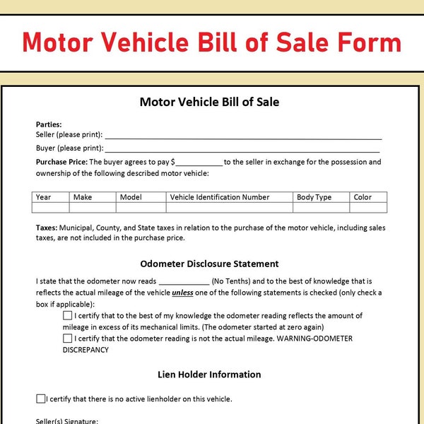 Motor Vehicle Bill of Sale - Digital Print | Fillable PDF form | Car Sale Form | Instantly Downloadable file