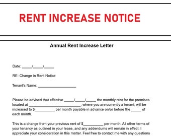 Rental Increase Notice - Rent Increase form - Editable word doc - Instant download