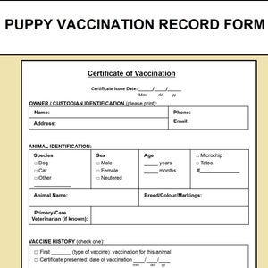 Plantilla de registro de vacunación de mascotas - Formulario de registro de vacunación de cachorros - Registro de vacunación de perros - Documento Word editable y PDF - Descarga instantánea