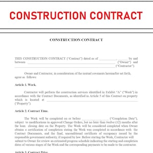Construction Contract / Agreement / Template Printable PDF / Editable