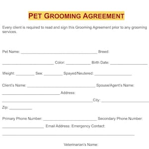 Pet Client Grooming Agreement / Dog Salon Contract / Cat Grooming Agreement / Dog grooming agreement / Editable PDF files