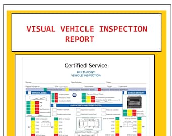 May include: A visual vehicle inspection report form with a checklist of items to be inspected, including wiper blades, tires, fluid levels, brakes, and additional checks. The form is divided into sections with color-coded boxes to indicate the status of each item, such as OK, requires attention, or actual.