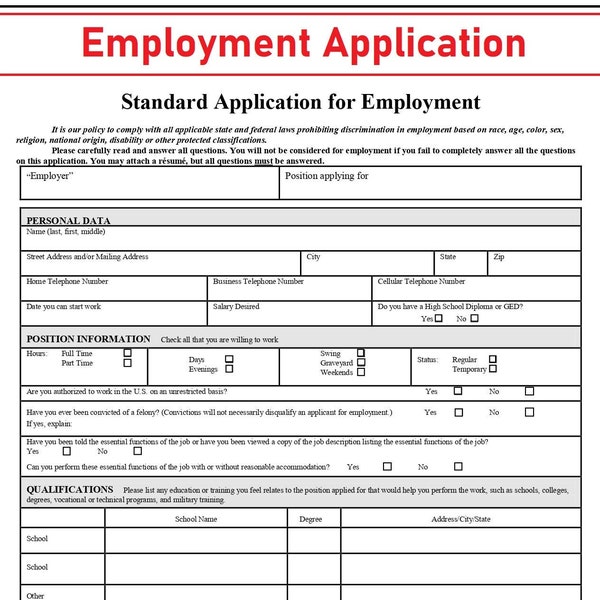 Formulaire de demande d'emploi - Formulaire de nouvel employé - Modèle de demande d'emploi - Formulaire de demande d'emploi