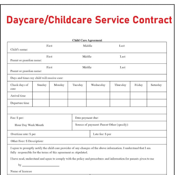 Daycare Contract - Daycare Childcare Service agreement in PDF File - Child Care contract - Instant download