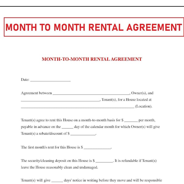 Rental Agreement Month to Month Etsy