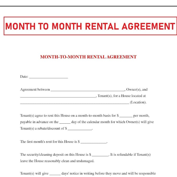 Month to month rental agreement - Monthly Rental Agreement - Month to Month lease contract -PDF File - Available for Instant download