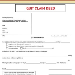 Quit Claim Deed - Quit Claim Deed form - Property Transfer document - Fillable PDF File - Instant Download