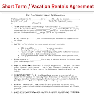 Short term Rental Agreement - Vacation Rental agreements - Short term Rental Template - Short term rental contract lease