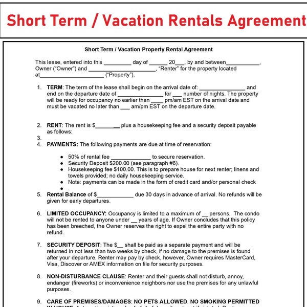 Short term Rental Agreement - Vacation Rental agreements - Short term Rental Template - Short term rental contract lease