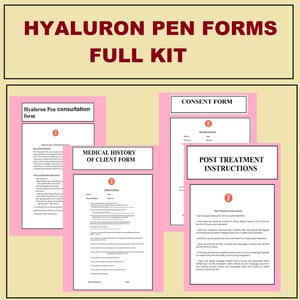 May include: A pink set of forms for a Hyaluron Pen treatment. The forms include a consultation form, medical history form, consent form, and post-treatment instructions.
