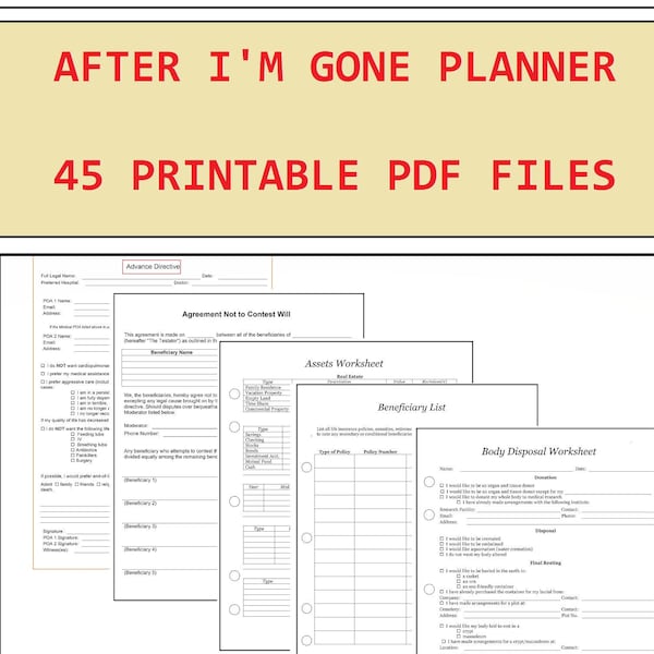 End Of Life Planner - After I'm gone planner -Final Wishes Planner - Funeral Planner  - Estate Planning - Legacy Planner - 45 PDF Files