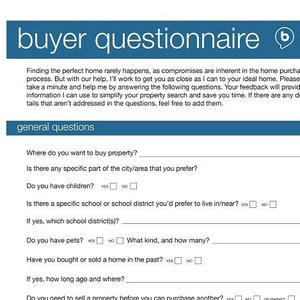 Buyer questionnaire real estate PDF Template - Home Buyer questionnaire template - Editable PDF File