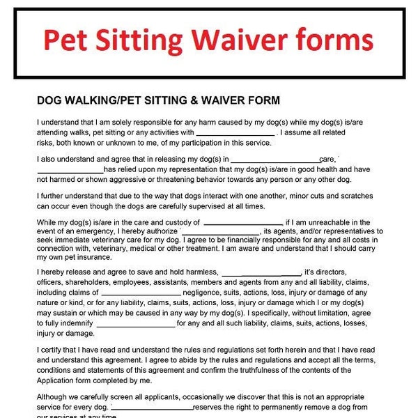 Pet Sitting Waiver form - Pet Sitting Release Form - Dog Walking and Pet sitting Boarding & Waiver form - PDF File - Instant download