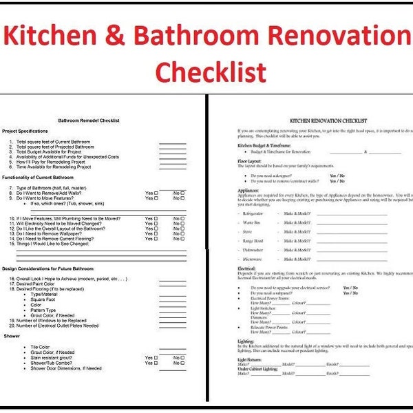 Lista di controllo per la ristrutturazione di cucine e bagni - Modello di lista di controllo tutto in uno per la ristrutturazione con materiali, elenco degli accessori - File PDF stampabile