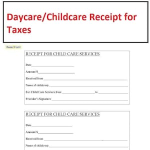 Childcare Receipts for Parents Taxes - Daycare receipts for Parents Taxes - Fillable PDF form - Instant Download
