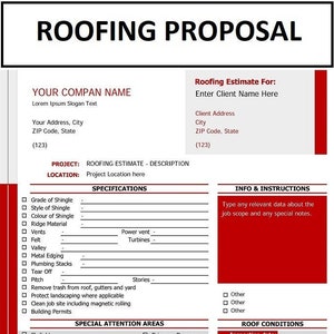 Roofing proposal Template - Roofing Estimation form - Roofing Job Proposal - Editable PDF File