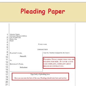 Pleading paper - Pleading Paper with multiple examples - Editable word format with Instant download