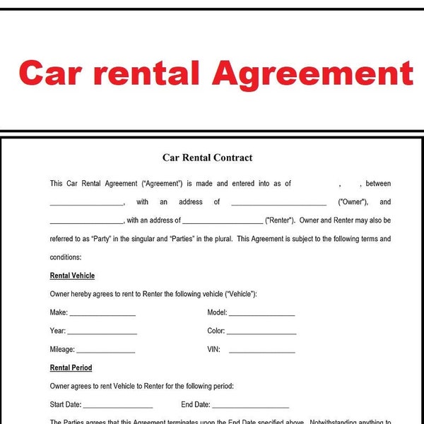 Car rental agreement - Vehicle rental agreement - Car Rentals contract - Editable word and PDF File - Instant download