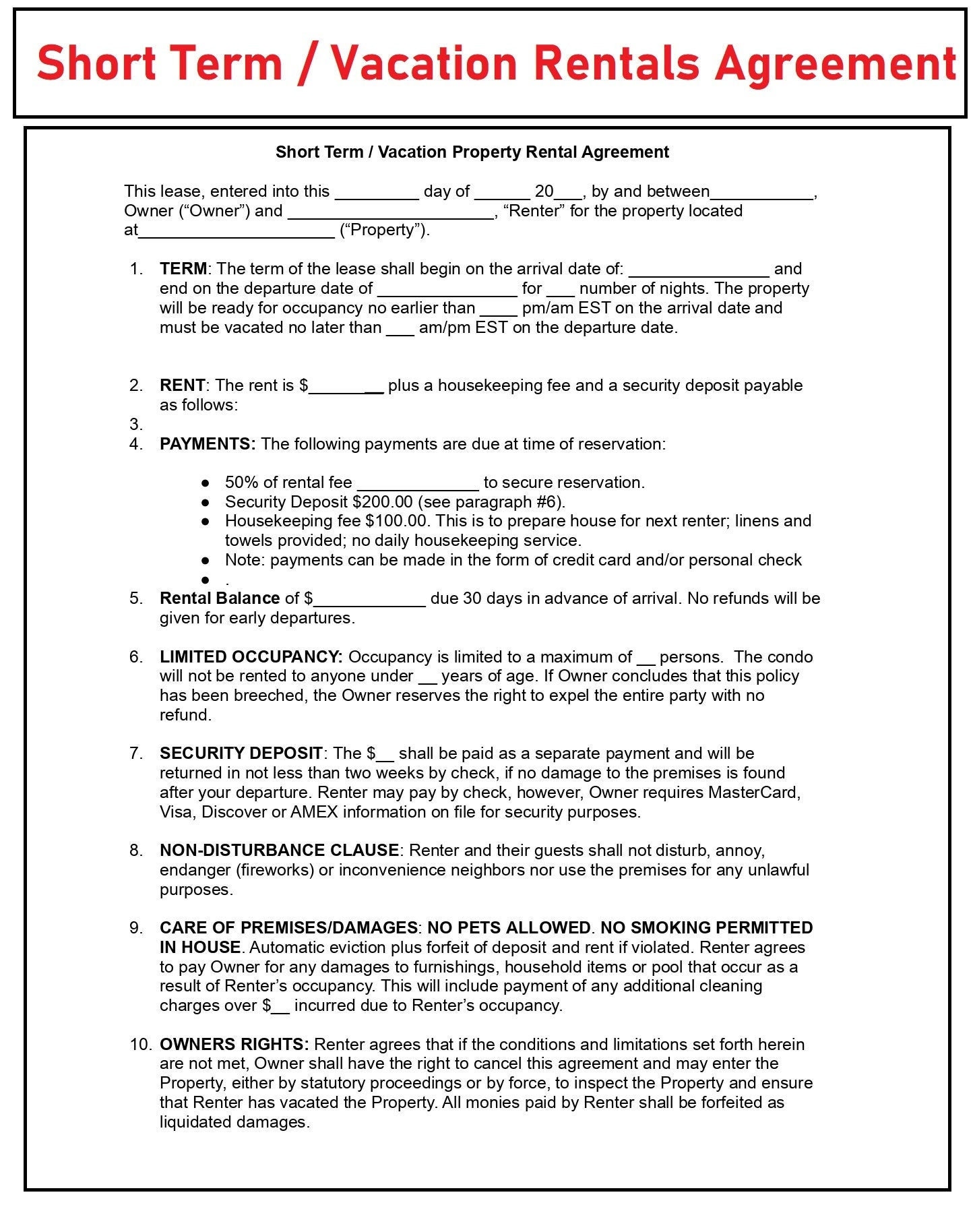 Short term Rental Agreement - Vacation Rental agreements - Short term Rental Template - Short term rental contract lease