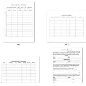 May include: A set of printable financial planning worksheets. The worksheets include sections for "Understanding Proceeds", "Private Service Client List", "Insurance Policies", "Items in Drawing", "Items in Private", "Incoming Calls/Collectibles", "Last Will and Testament", and "Liabilities Worksheet".