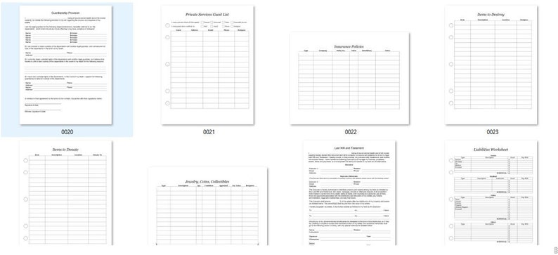 May include: A set of printable financial planning worksheets. The worksheets include sections for "Understanding Proceeds", "Private Service Client List", "Insurance Policies", "Items in Drawing", "Items in Private", "Incoming Calls/Collectibles", "Last Will and Testament", and "Liabilities Worksheet".